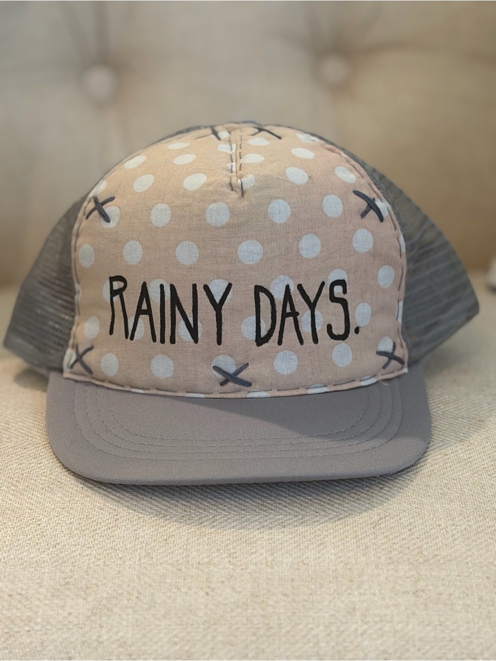 Rainy Days Kids Hand Made, Hand Painted Trucker Hat - Gray